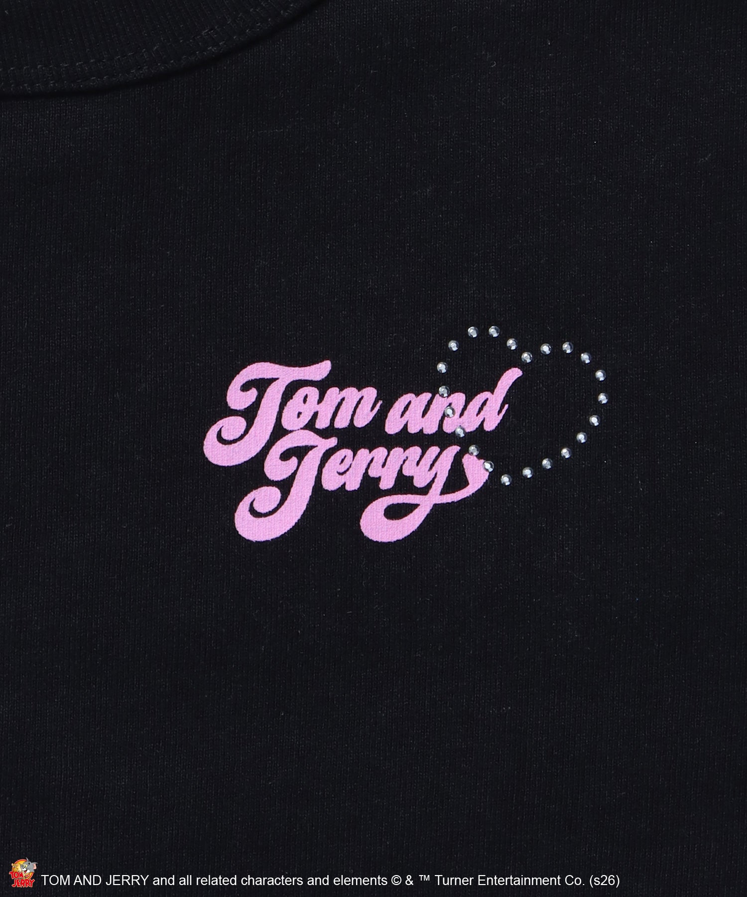 TJ HEART BABE TEE / レディース トムとジェリー Tシャツ 半袖 クルーネック プリント ラインストーン ピチT ちびT ブラック