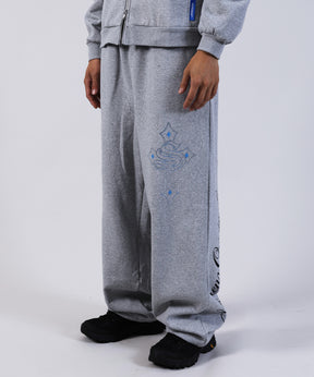 CROSS RHINE STONE SWEAT PANTS / ラインストーン クロス スウェットパンツ ドローコード 裏起毛 【セットアップ】 グレー