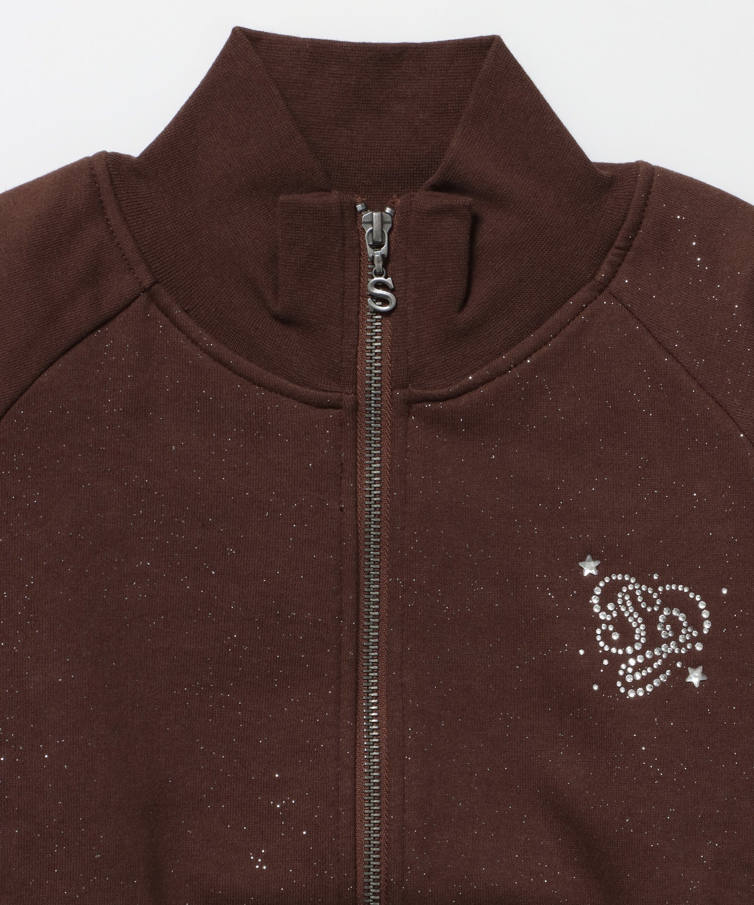 sqnz glitter zip top / グリッター ダブルジップ ジップスウェット 裏起毛 ラインストーン 【セットアップ着用可能】 モカ