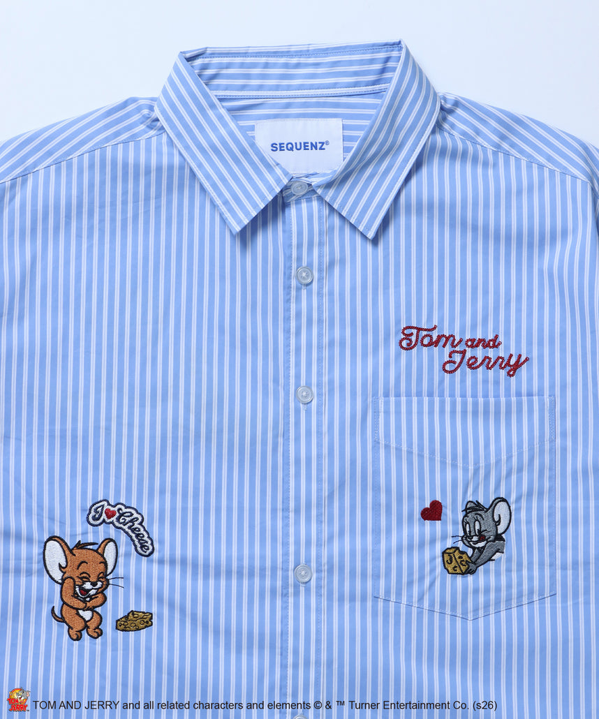 TJ ASSORTMENT EMB. SHIRT / トムとジェリー シャツ 半袖 レギュラーカラー 刺繍 チェック ストライプ サックスブルー
