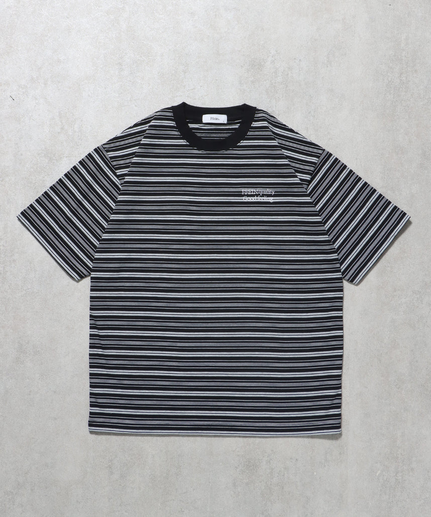 ロゴ刺繍マルチボーダー半袖Tシャツ ブラック