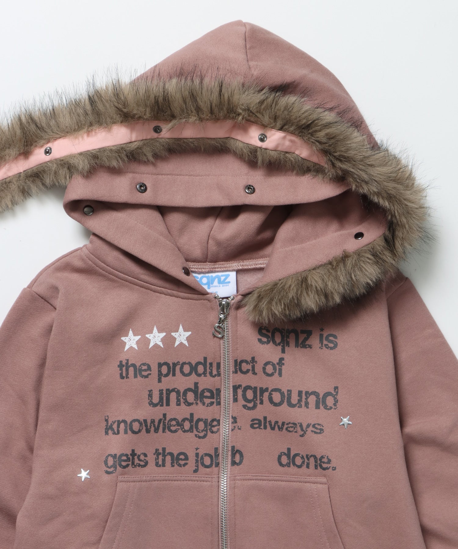 sqnz fur zip pk / レディース ファー ジップパーカー スタッズ 裏起毛 短丈 ダブルジップ ピンク