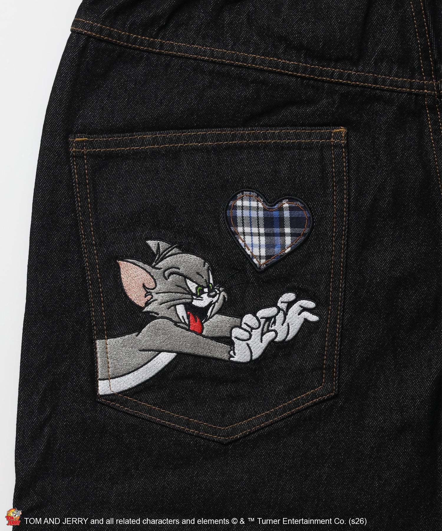TJ PLAID DENIM PANTS / トムとジェリー チェック デニム パンツ 刺繍 加工 ブラック系その他