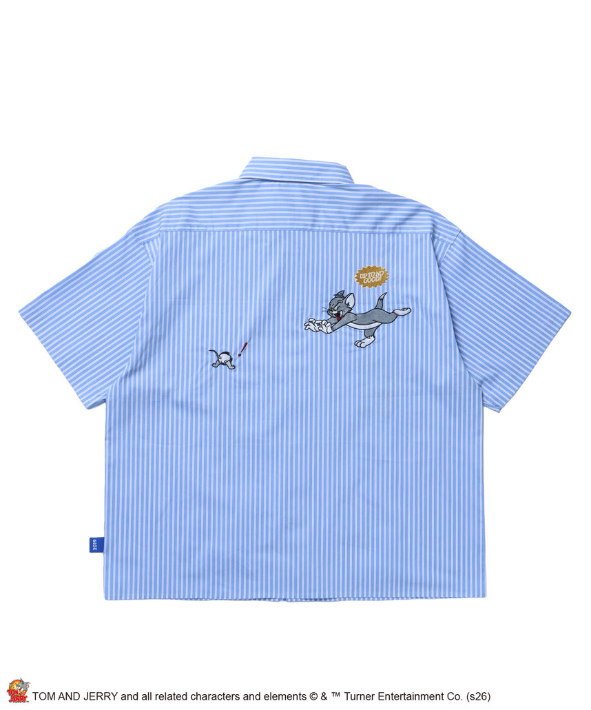 TJ ASSORTMENT EMB. SHIRT / トムとジェリー シャツ 半袖 レギュラーカラー 刺繍 チェック ストライプ サックスブルー