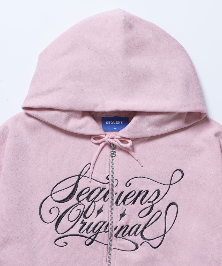 SQNZ LOGO GLITTER ZIP P/K / グリッター ジップパーカー ラメプリント ダブルジップ 裏起毛 【セットアップ着用可】 ライトピンク
