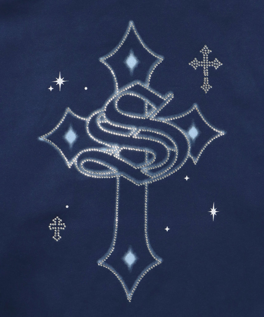 CROSS RHINE STONE ZIP P/K / パーカー ジップパーカー ラインストーン クロスデザイン 裏起毛 ダブルジップ 短丈 【セットアップ】 ダークネイビー