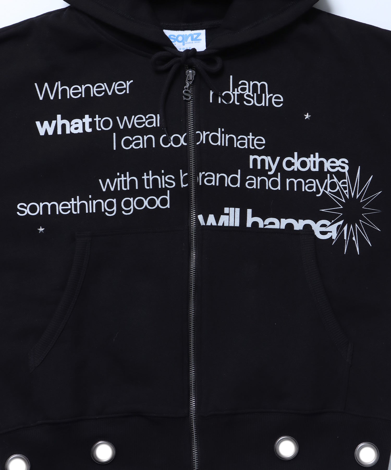 sqnz eyelet zip pk / ジップパーカー スタッズ フーディ ハトメ 裏起毛≪SET UP着用可能≫ ブラック