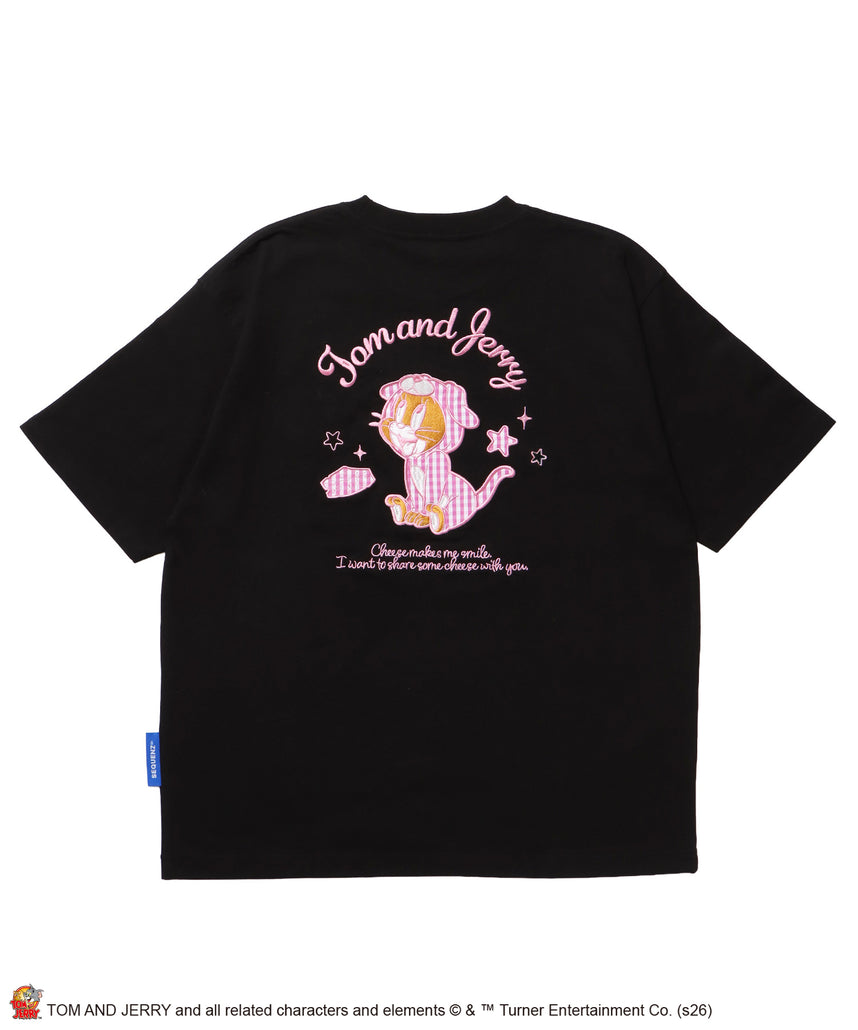 TJ GINGHAM DOG TEE / トムとジェリー 半袖 クルーネック 刺繍 ワンポイント ワッペン ユニセックス オーバーサイズ レイヤード ブラック