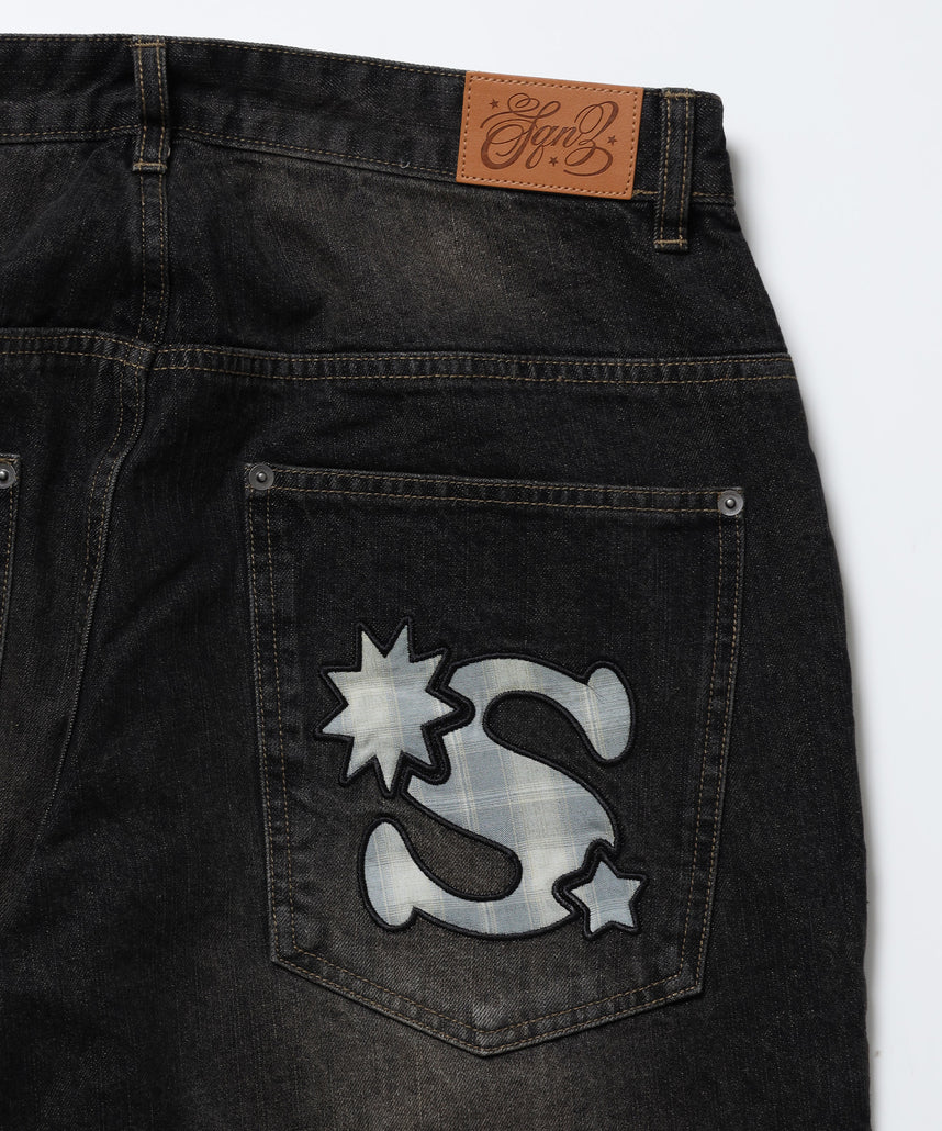 ※WEB限定 / ワイドデニムパンツ / sqnz seam design applique denim ブラウン