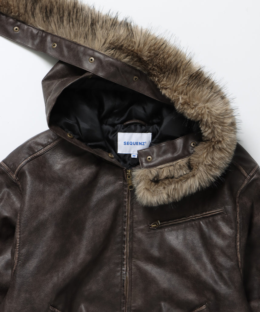 FUR PU HOODIE JKT / フェイクレザー ジャケット ファー 中綿 ダブルジップ フーディ ブラウン