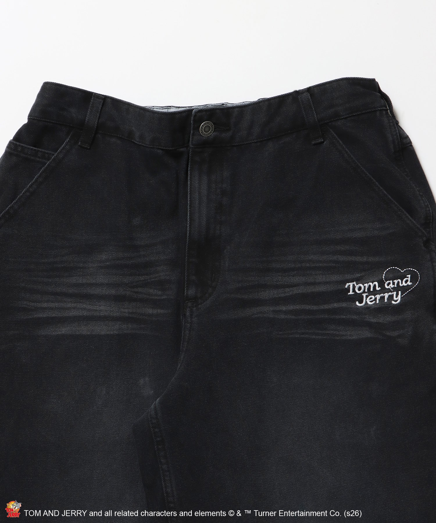 TJ JERRY AND TUFFY LOOSE DENIM / トムとジェリー デニム ワイド パンツ ボトムス 刺繍 加工 リジッド ワッペン ブラック