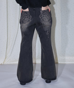 sqnz ladies flare denim / パンツ デニム レディース 加工 フレア 刺繍 ブラウン