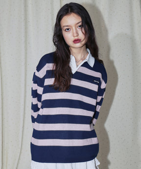 sqnz border knit / ボーダー ニット スキッパー 織ネーム ワンポイント ネイビー