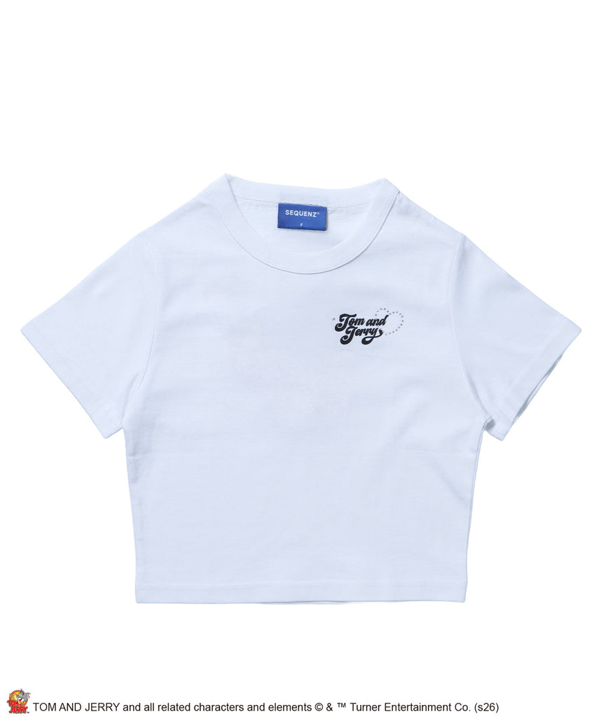 TJ HEART BABE TEE / レディース トムとジェリー Tシャツ 半袖 クルーネック プリント ラインストーン ピチT ちびT ホワイト