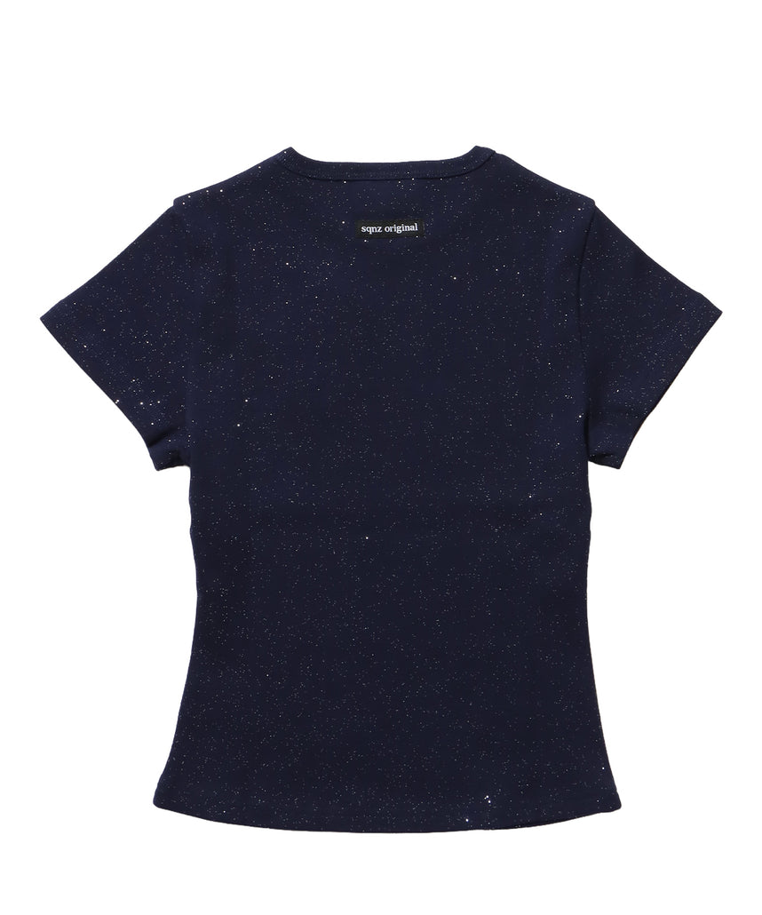 ≪予約商品≫sqnz glitter compact tee / 半袖 プリント Tシャツ ワンポイント ラインストーン レディース ピチT ちびT ダークネイビー