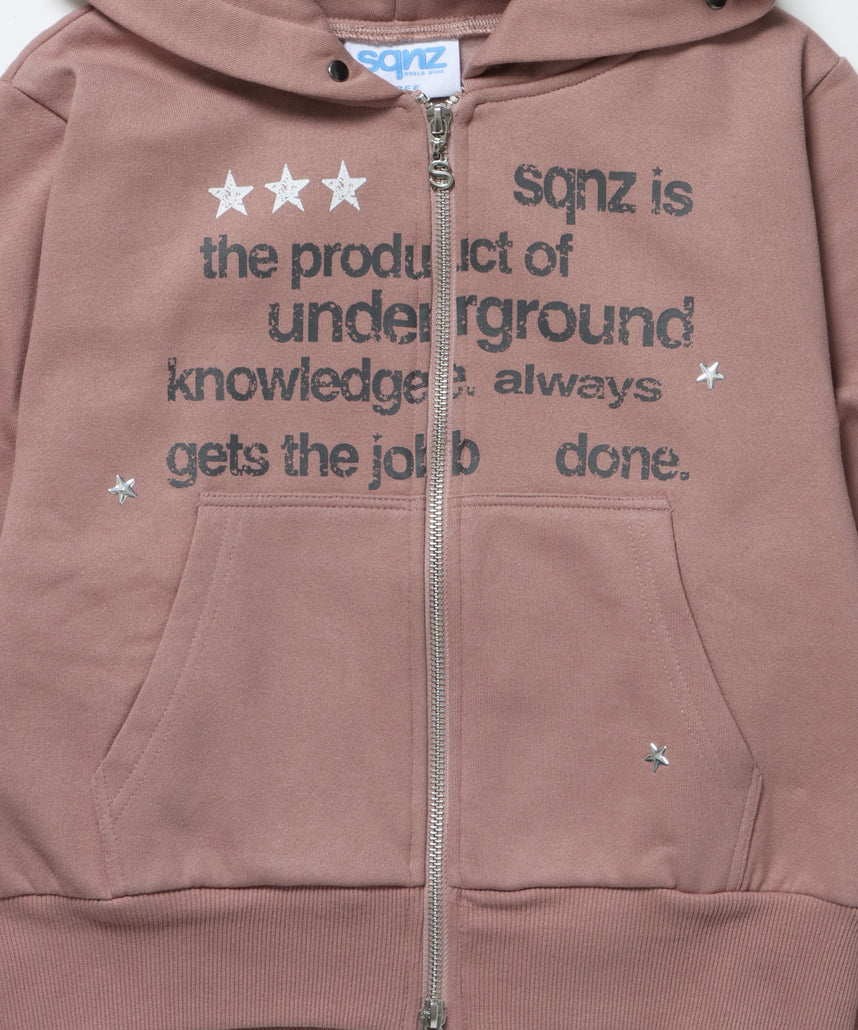 sqnz fur zip pk / レディース ファー ジップパーカー スタッズ 裏起毛 短丈 ダブルジップ ピンク