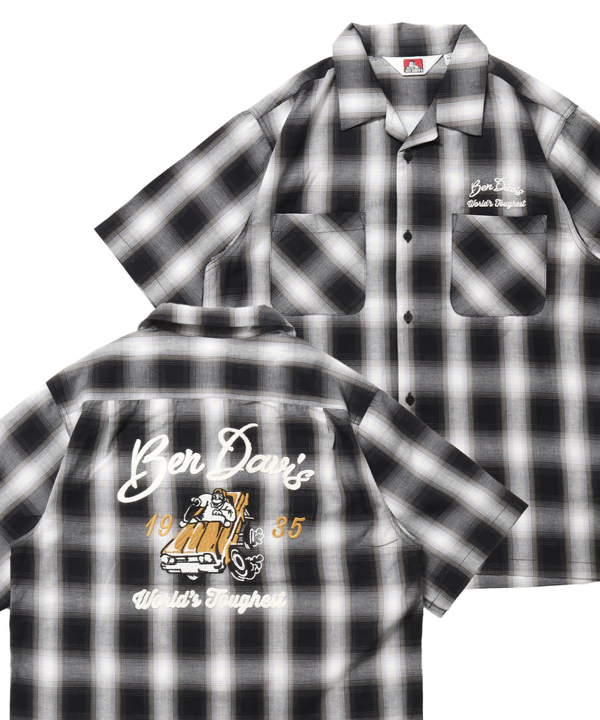 DRIVE EMB PLAID O/C SHIRT / 半袖 シャツ オープンカラー ヴィンテージライク オンブレチェック ブラック