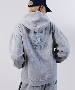 CROSS RHINE STONE ZIP P/K / パーカー ジップパーカー ラインストーン クロスデザイン 裏起毛 ダブルジップ 短丈 【セットアップ】 グレー