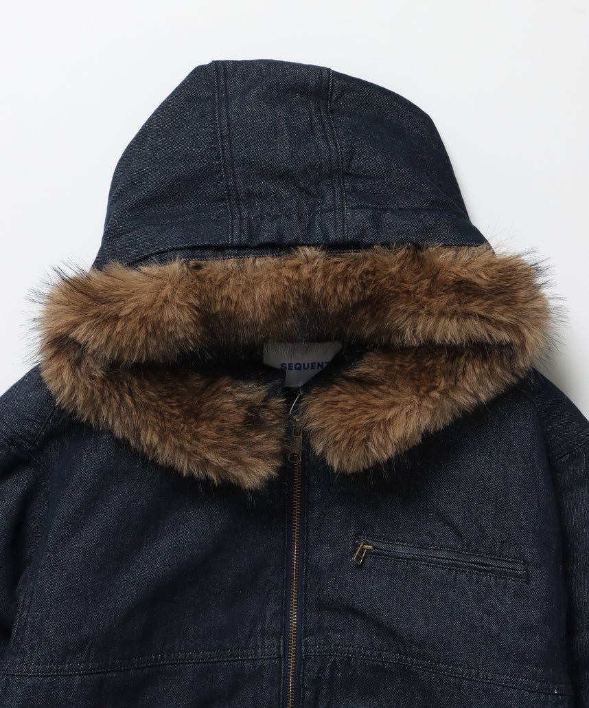 FUR DENIM HOODIE JKT / デニム ジャケット ファー 中綿 ダブルジップ フーディ ネイビー