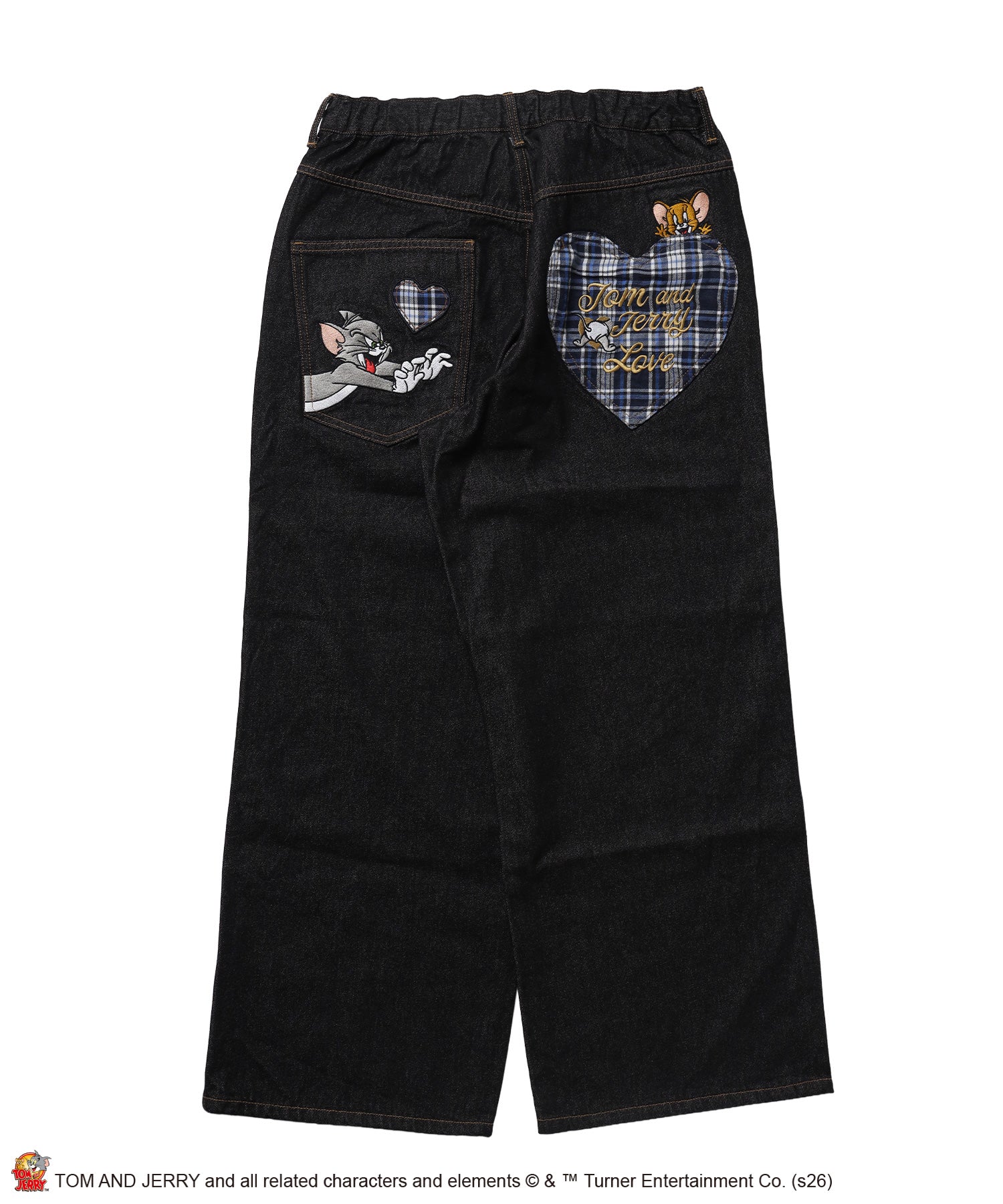 TJ PLAID DENIM PANTS / トムとジェリー チェック デニム パンツ 刺繍 加工 ブラック系その他