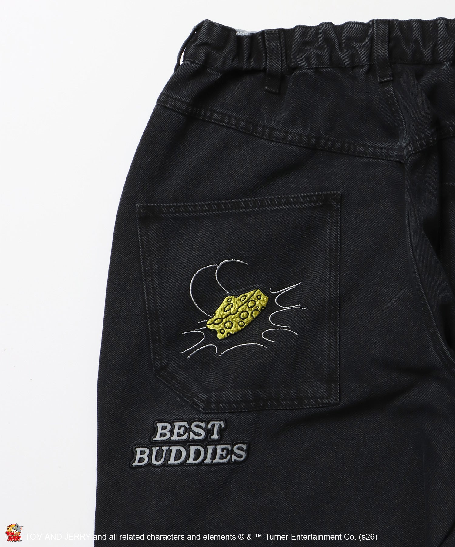 TJ JERRY AND TUFFY LOOSE DENIM / トムとジェリー デニム ワイド パンツ ボトムス 刺繍 加工 リジッド ワッペン ブラック