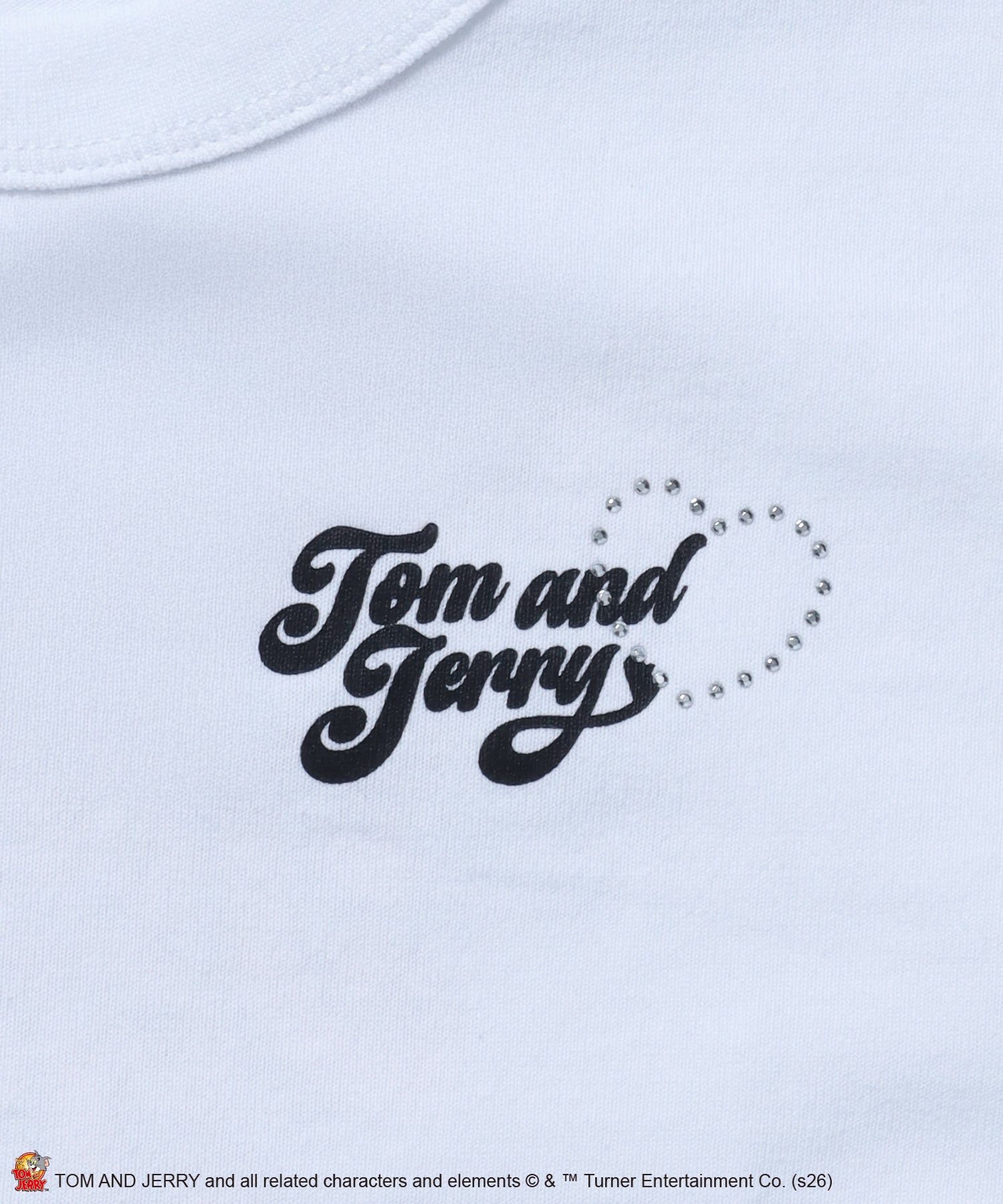 TJ HEART BABE TEE / レディース トムとジェリー Tシャツ 半袖 クルーネック プリント ラインストーン ピチT ちびT ホワイト