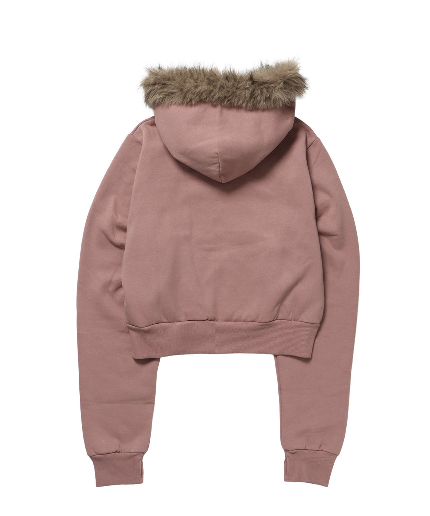 sqnz fur zip pk / レディース ファー ジップパーカー スタッズ 裏起毛 短丈 ダブルジップ ピンク