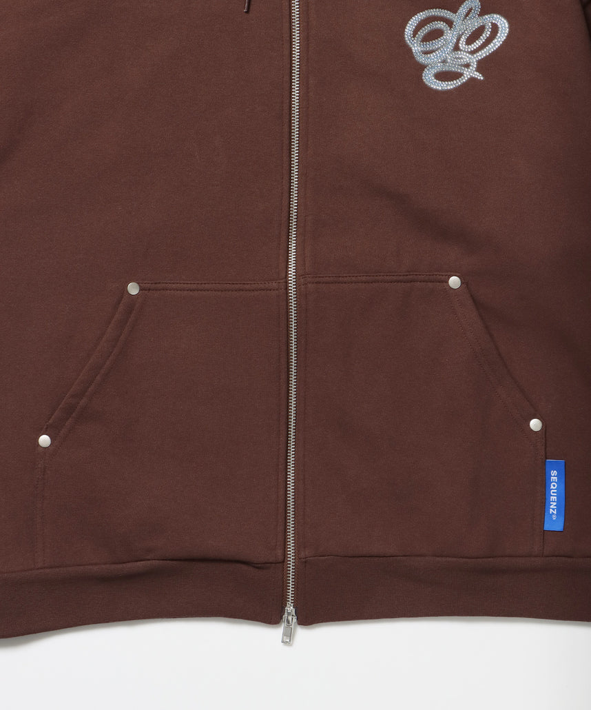 CROSS RHINE STONE ZIP P/K / パーカー ジップパーカー ラインストーン クロスデザイン 裏起毛 ダブルジップ 短丈 【セットアップ】 モカ