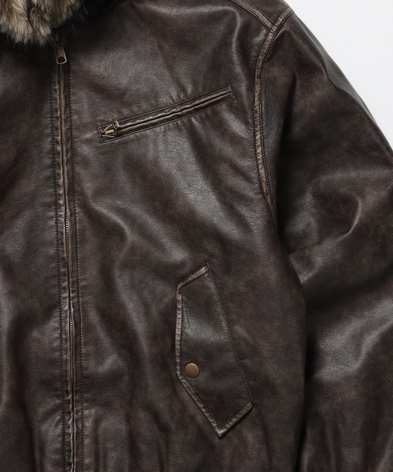 FUR PU HOODIE JKT / フェイクレザー ジャケット ファー 中綿 ダブルジップ フーディ ブラウン