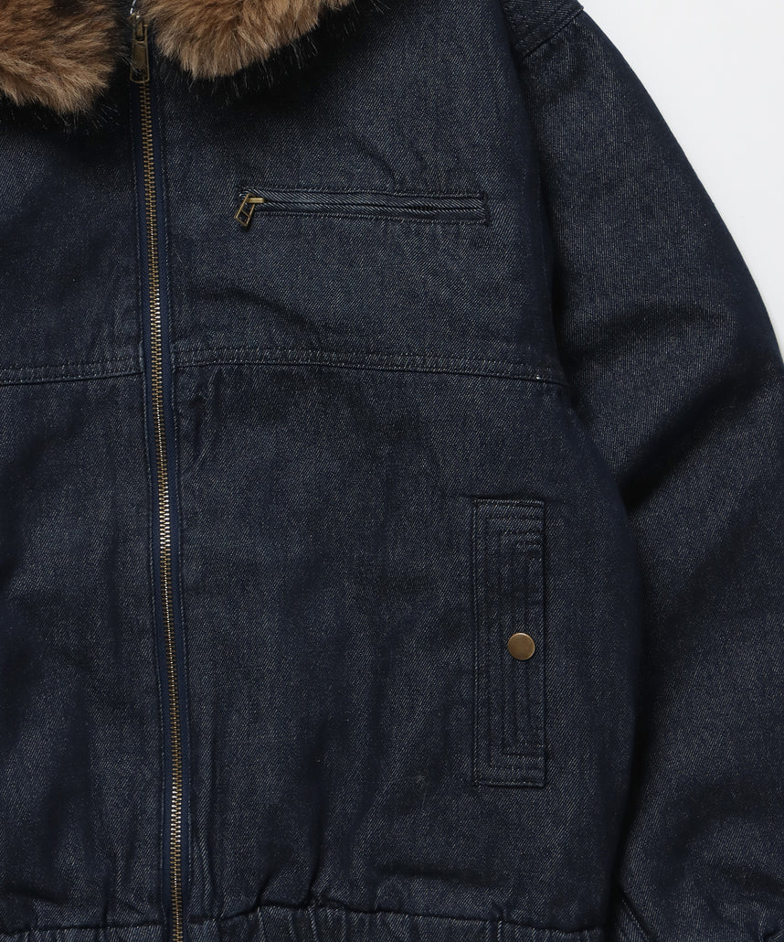 FUR DENIM HOODIE JKT / デニム ジャケット ファー 中綿 ダブルジップ フーディ ネイビー