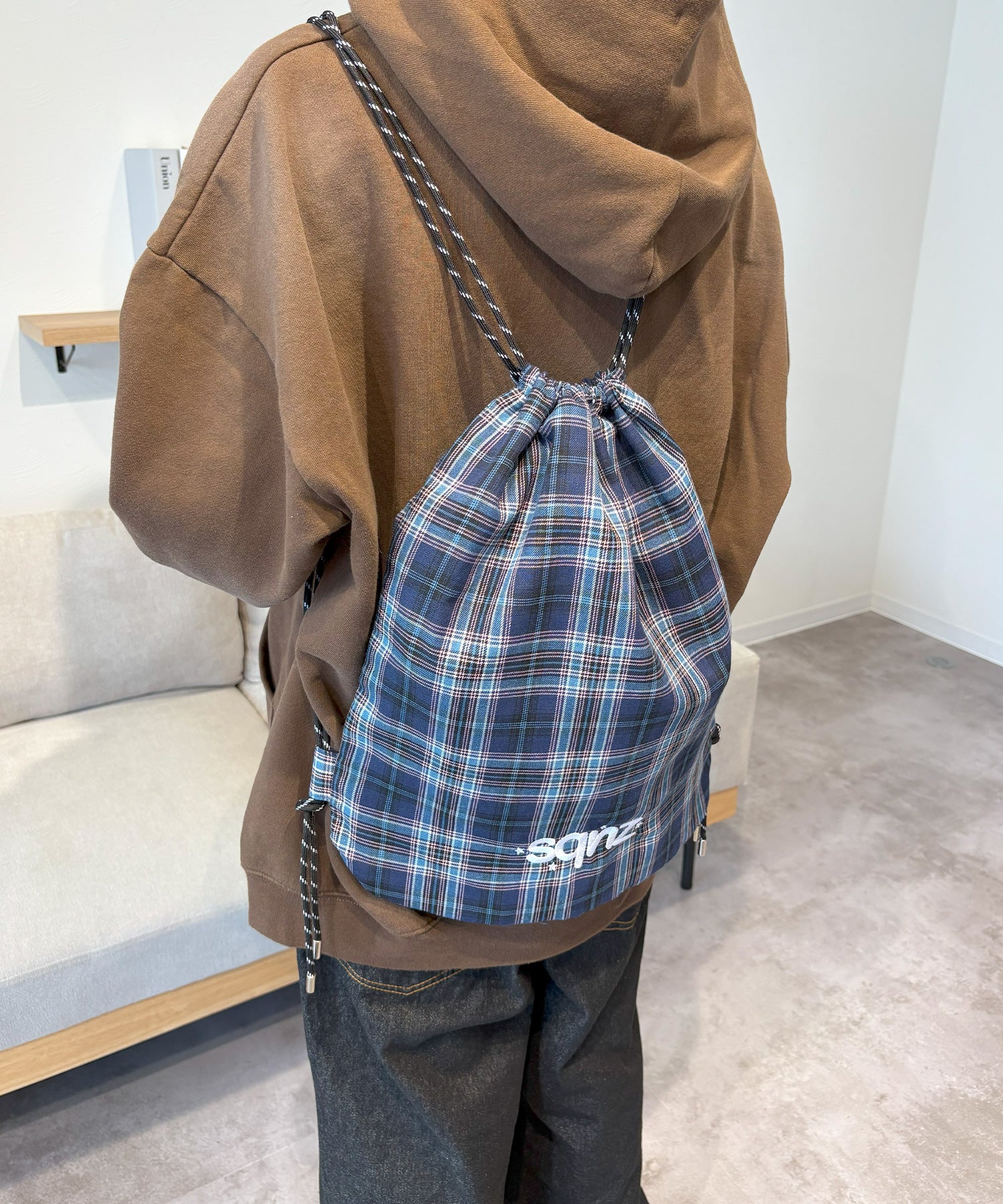sqnz dairy 2way knapsack / ナップサック バック 2WAY ブランドロゴ チェック ストライプ ネイビー