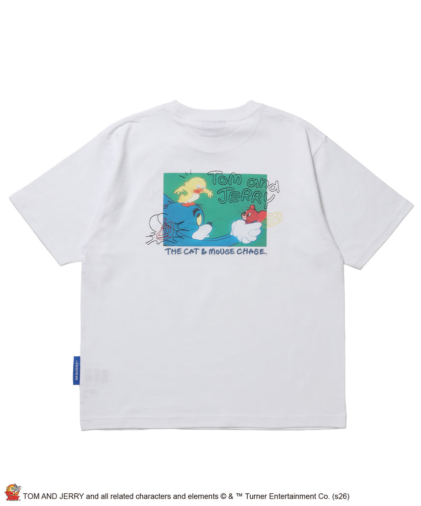 TJ PHOTO & EMB. TEE / トムとジェリー 半袖 クルーネック プリント 刺繍 ワンポイント ユニセックス オーバーサイズ レイヤード ホワイト