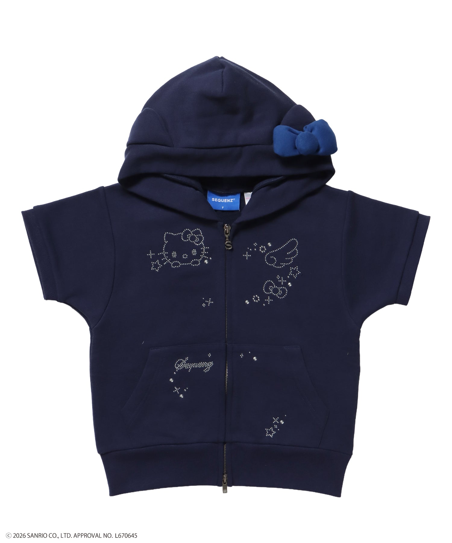 HK SHINING KITTY ZIPPK / 半袖 ジップパーカー フーディ ダブルジップ ラインストーン ウェット ダークネイビー