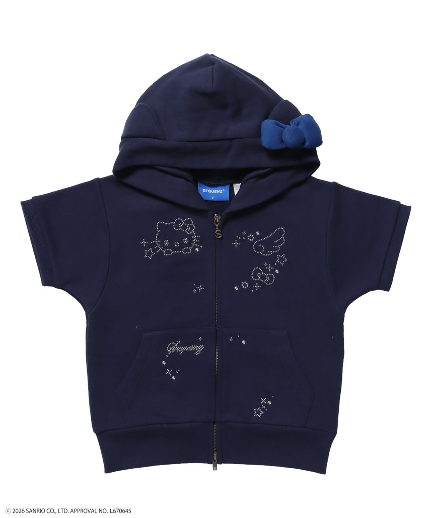 HK SHINING KITTY ZIPPK / 半袖 ジップパーカー フーディ ダブルジップ ラインストーン ウェット ダークネイビー