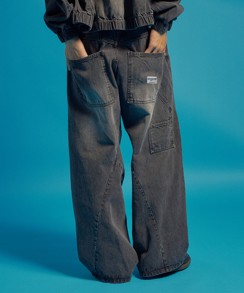 sqnz washed curve denim pants / カーブデニム ワイドパンツ ヴィンテージライク オーバーダイ ブラック ≪SET UP着用可能≫