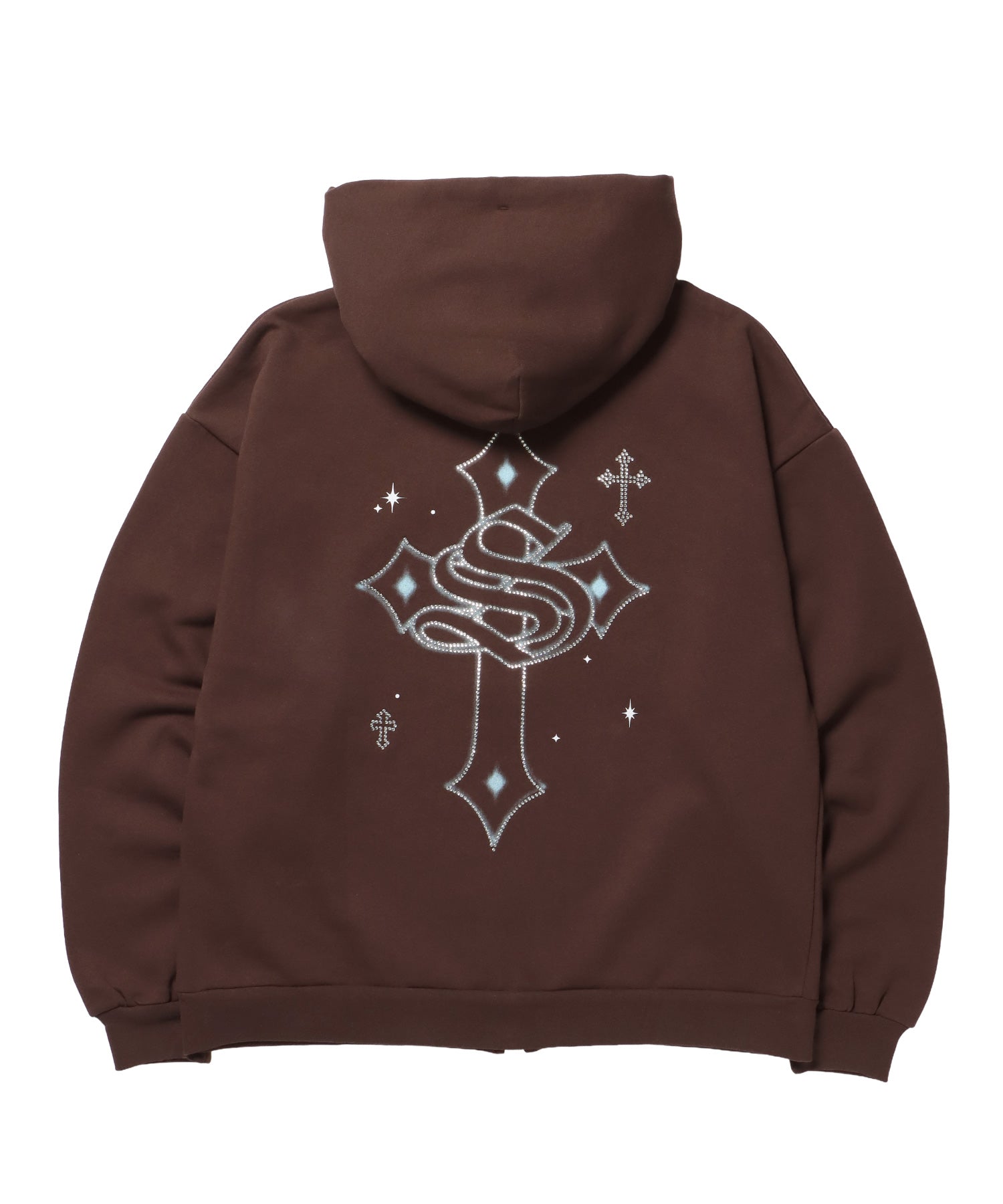 CROSS RHINE STONE ZIP P/K / パーカー ジップパーカー ラインストーン クロスデザイン 裏起毛 ダブルジップ 短丈 【セットアップ】 モカ