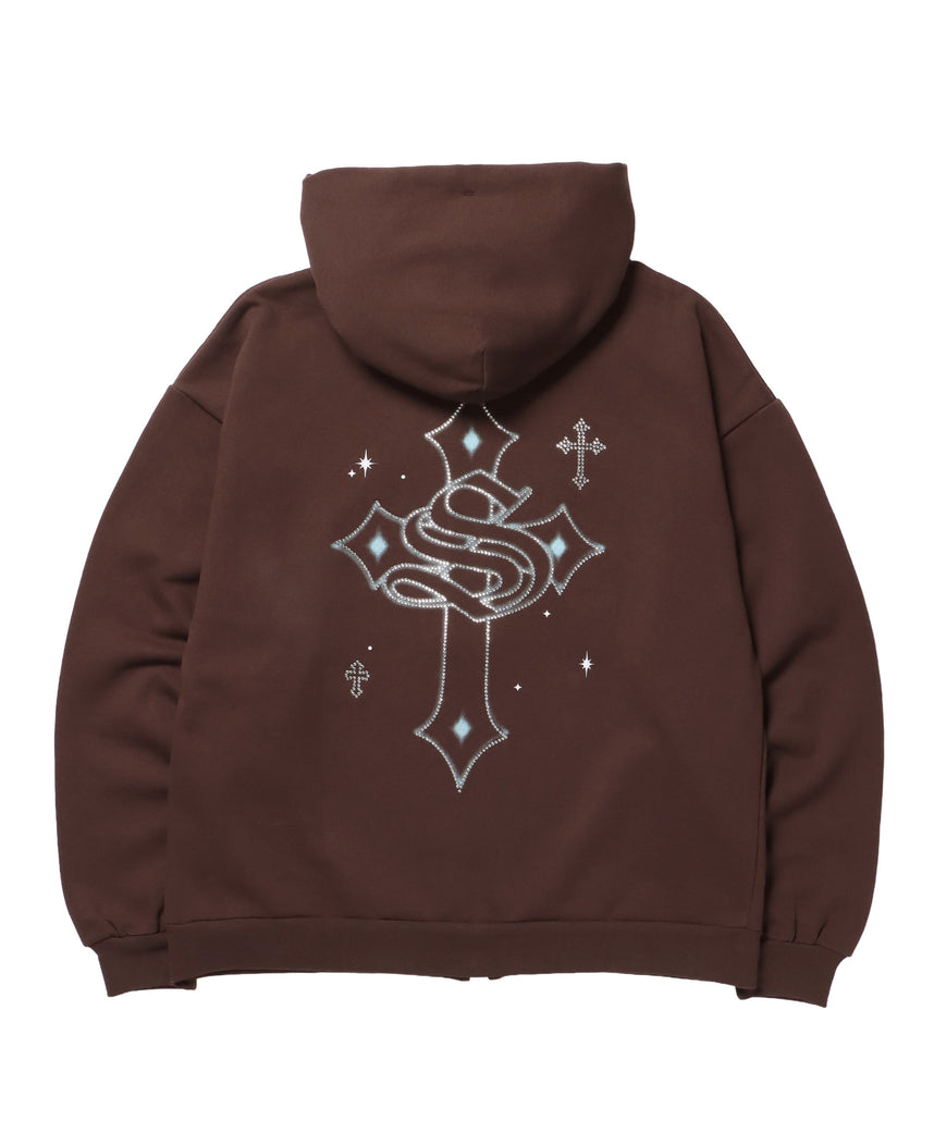 CROSS RHINE STONE ZIP P/K / パーカー ジップパーカー ラインストーン クロスデザイン 裏起毛 ダブルジップ 短丈 【セットアップ】 モカ