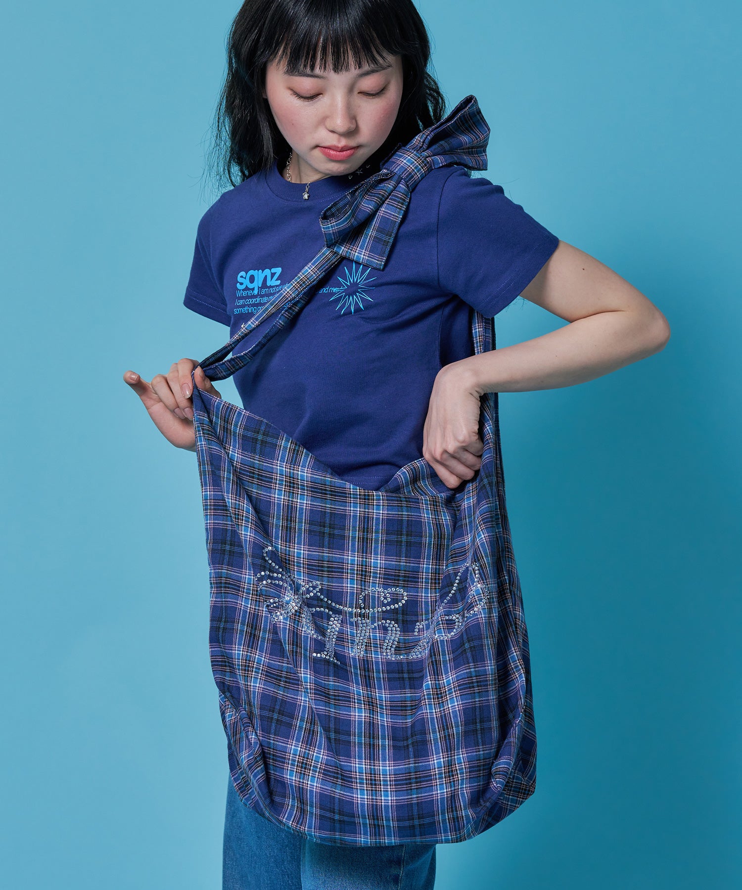 ≪予約商品≫sqnz favorite kira-kira totebag / ラインストーン バック チェック柄 2way ユニセックス ネイビー