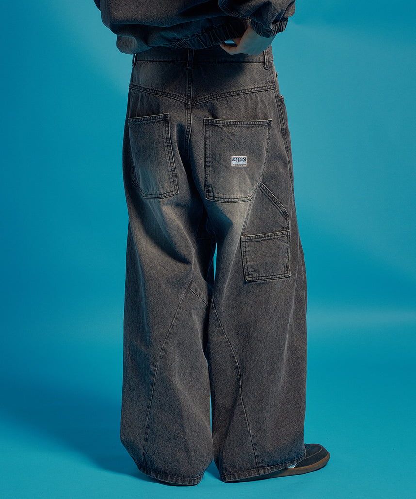 sqnz washed curve denim pants / カーブデニム ワイドパンツ ヴィンテージライク オーバーダイ ブラック ≪SET UP着用可能≫