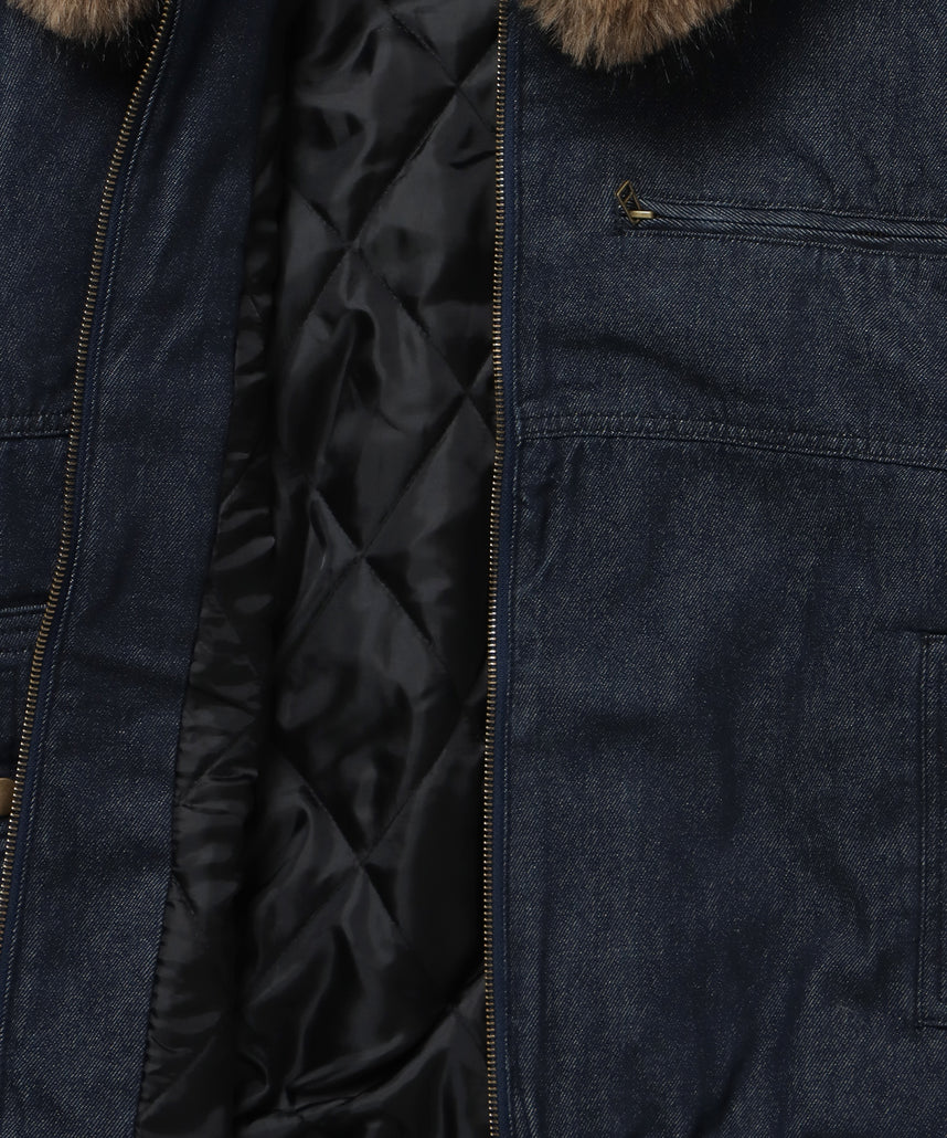 FUR DENIM HOODIE JKT / デニム ジャケット ファー 中綿 ダブルジップ フーディ ネイビー