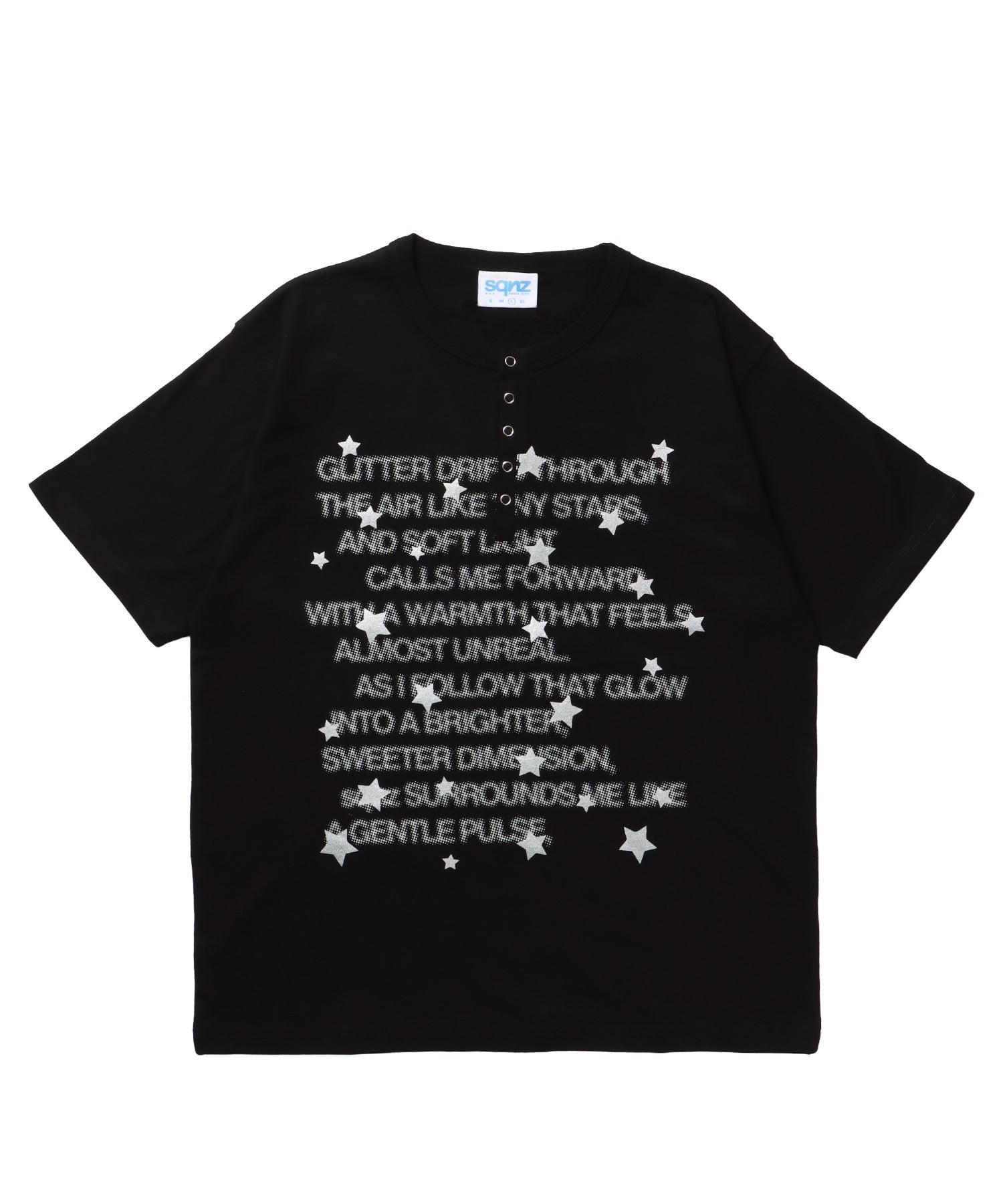 ≪予約商品≫sqnz silver star henlry tee / 半袖 ヘンリーネック Tシャツ シルバープリント 短丈 ブラック