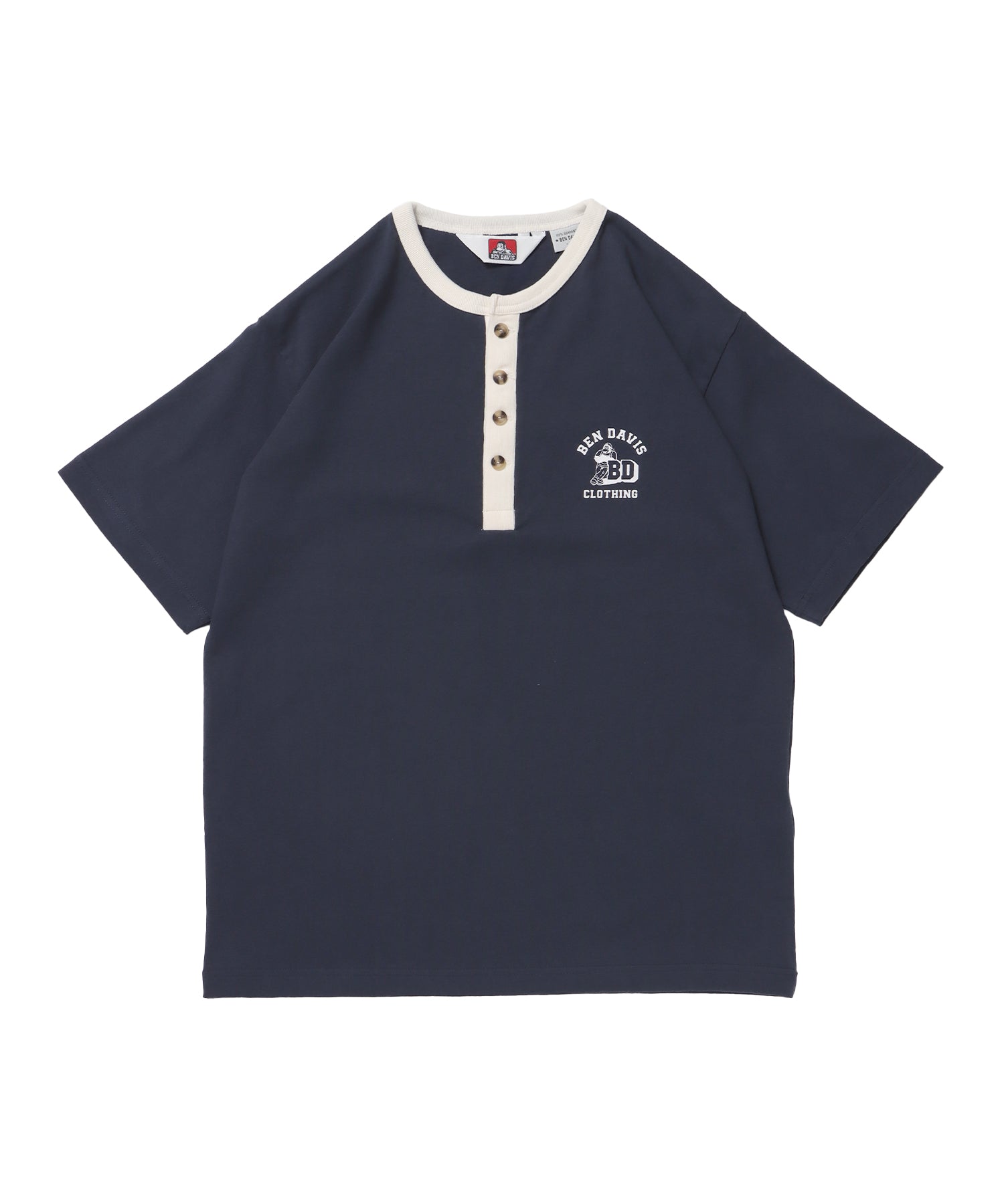 RINGER HENLEY TEE / Tシャツ 半袖 クルーネック ヘンリーネック ワンポイント クラシックフィット リンガー ワンポイント ネイビー