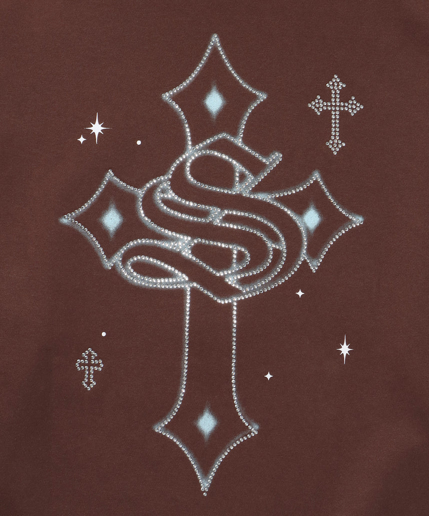 CROSS RHINE STONE ZIP P/K / パーカー ジップパーカー ラインストーン クロスデザイン 裏起毛 ダブルジップ 短丈 【セットアップ】 モカ