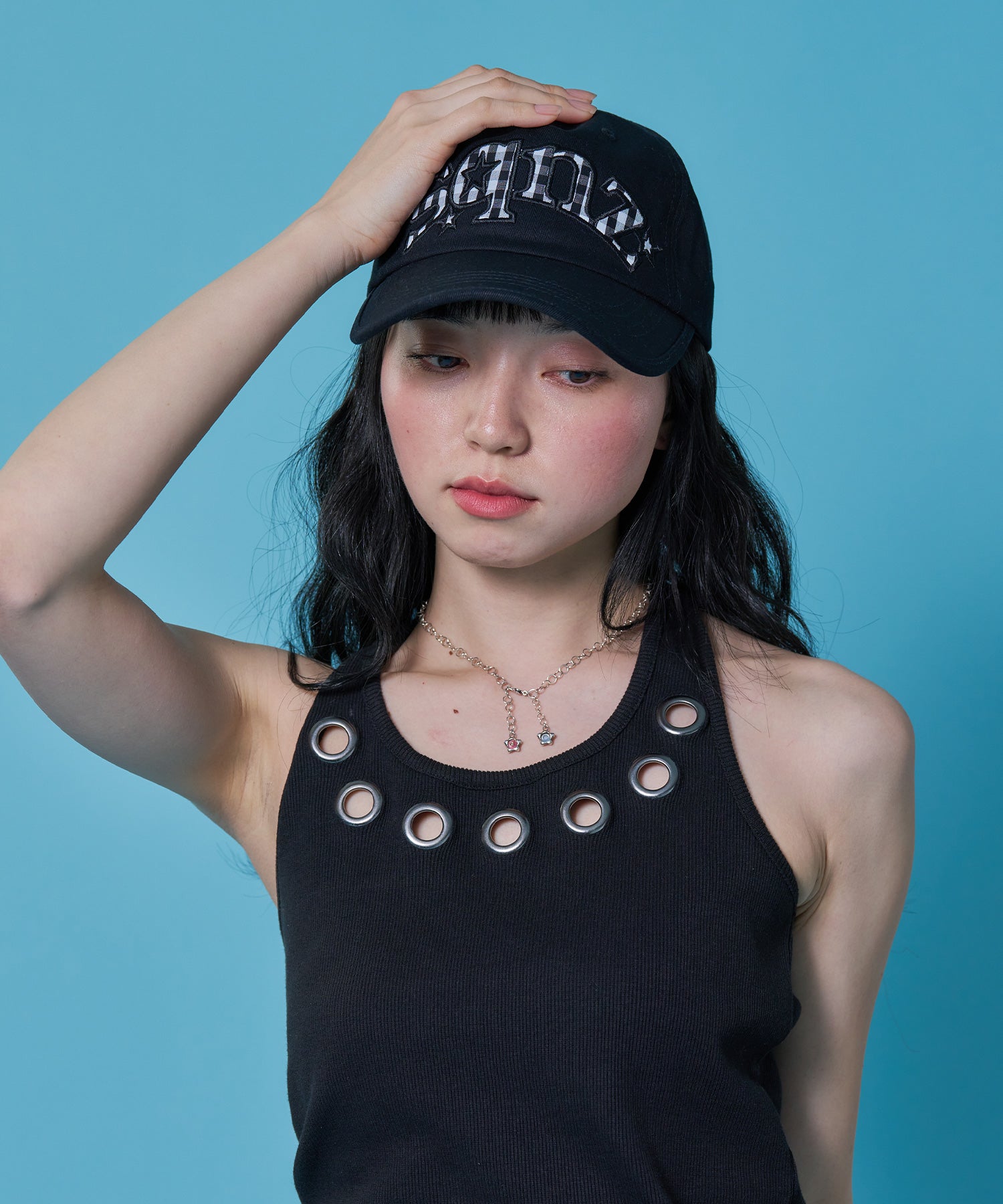 ≪予約商品≫sqnz gingham logo cap / キャップ 帽子 ワッペン ベースボール ユニセックス 刺繍 ブラック