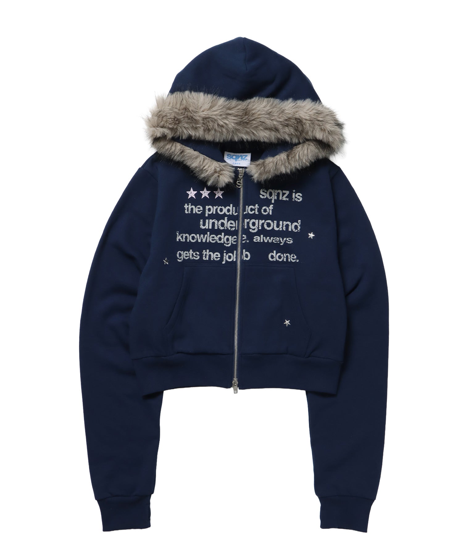 【sqnz(エスキュンズ)】sqnz fur zip pk / レディース ファー ジップパーカー 裏起毛 短丈 スタッズ ダブルジップ