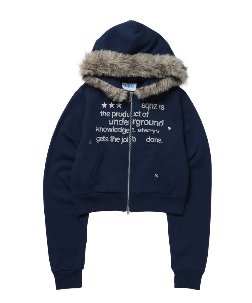 【sqnz(エスキュンズ)】sqnz fur zip pk / レディース ファー ジップパーカー 裏起毛 短丈 スタッズ ダブルジップ