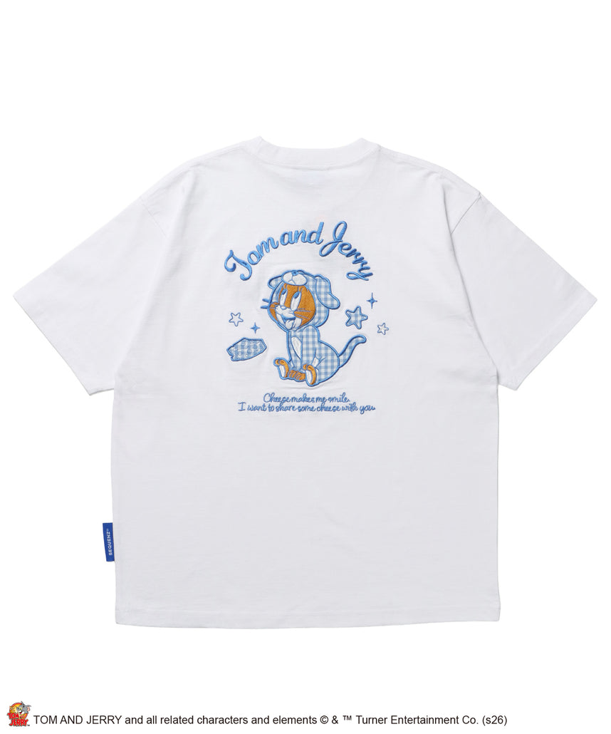 TJ GINGHAM DOG TEE / トムとジェリー 半袖 クルーネック 刺繍 ワンポイント ワッペン ユニセックス オーバーサイズ レイヤード ホワイト