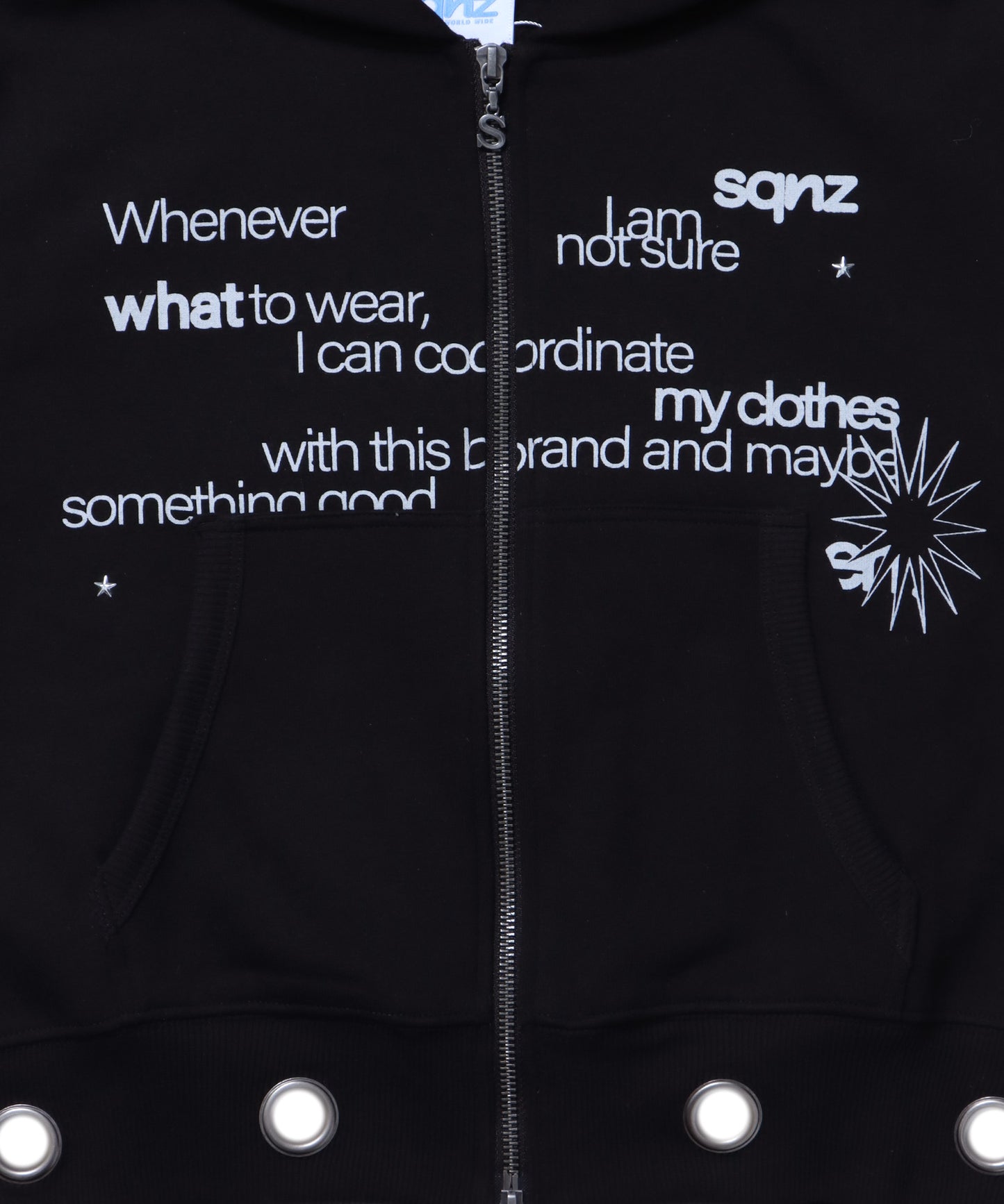 sqnz eyelet fit zip pk / レディース ジップパーカー フーディ ハトメ スタッズ ダフルジップ 裏起毛≪SET UP着用可能≫ ブラック