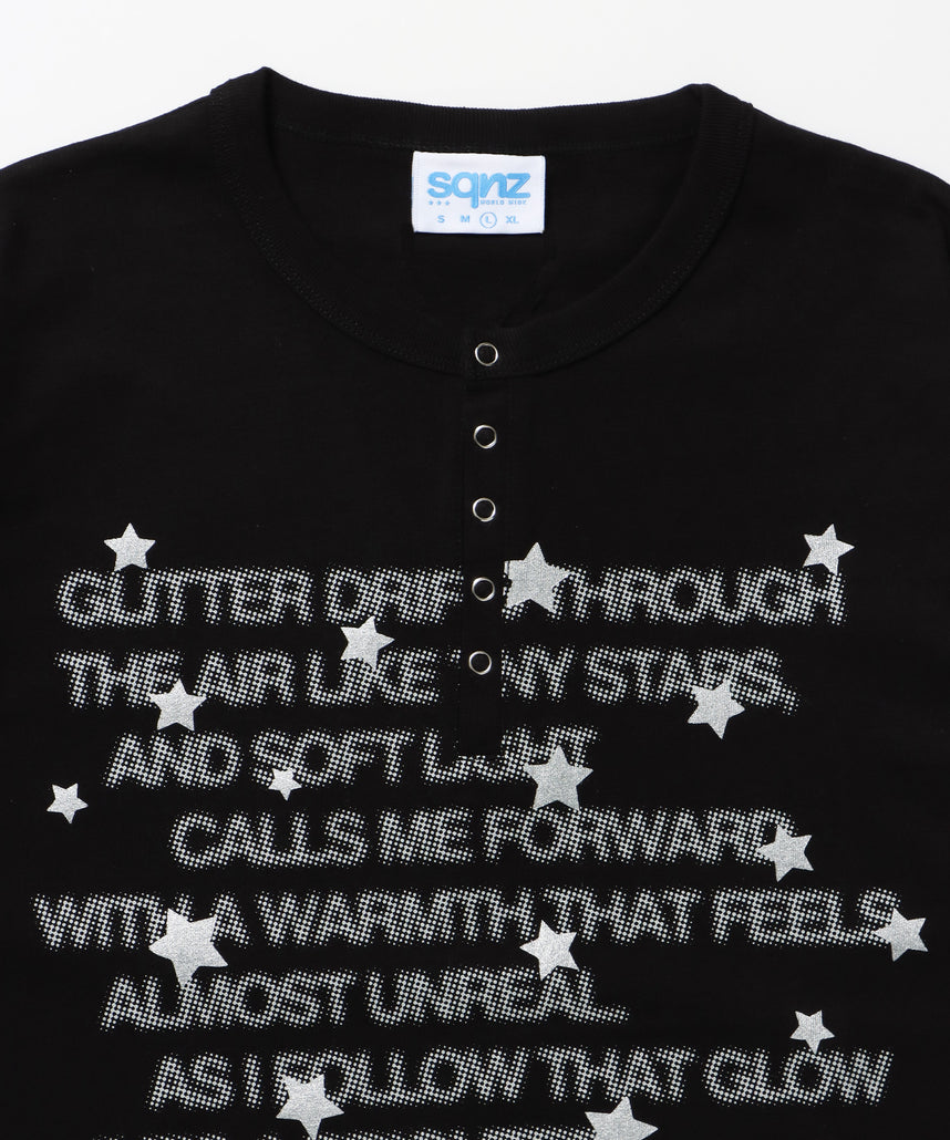 ≪予約商品≫sqnz silver star henlry tee / 半袖 ヘンリーネック Tシャツ シルバープリント 短丈 ブラック