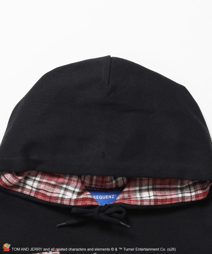 TJ PLAID APPLIQUE P/K / トムとジェリー プルパーカー チェック 刺繍 ブラック